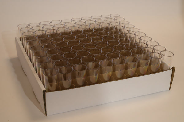 **5 x TRAYS OF 100** P1014-T 80mm x 25mm Drosophila Vials – Straight-Walled, Flat-Bottom, Polystyrene, Glass-Like Clarity – 500 Pack (Pre-Racked Trays)