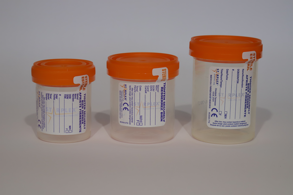 **100 Pack** SC120PP/ST 120 mL Sterile Labelled Specimen Container with Tabbed Label – 80×57 mm, –70 °C to 135 °C, Bulk 100 Pack